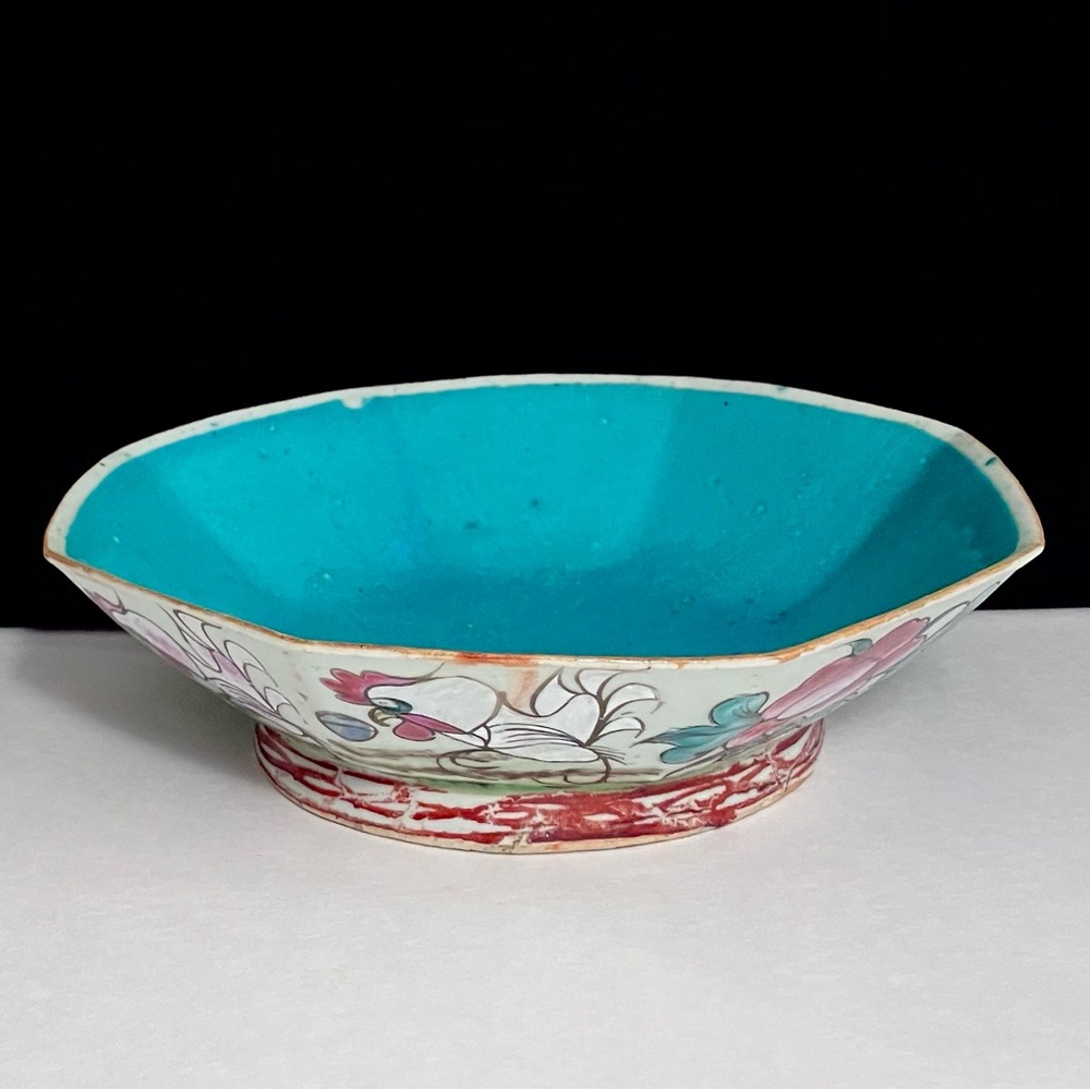QING DYNASTY Rose Famille Bowl / CIRCA 1850 / HAND PAINTED Roosters & Flowers!!